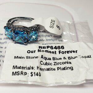 Bomb Party RBP6466 Sz 5 Ring OUR MOMENT FOREVER Aqua Blue & Blue Topaz CZ NEW